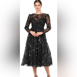 MAC DUGGAL BLACK EMBELLISHES ILLUSION LONG  SLEEVE MIDI DRESS SIZE 0